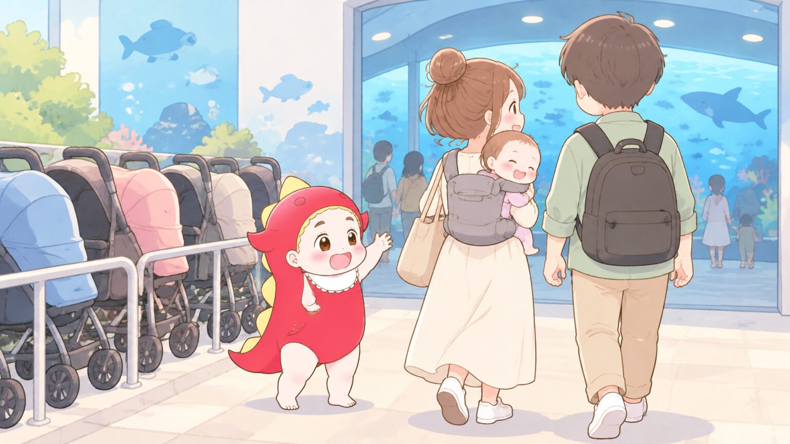 水族館の入口脇に並んだベビーカー置き場と、赤ちゃんを抱っこ紐で抱いて入館していく若い夫婦の後ろ姿