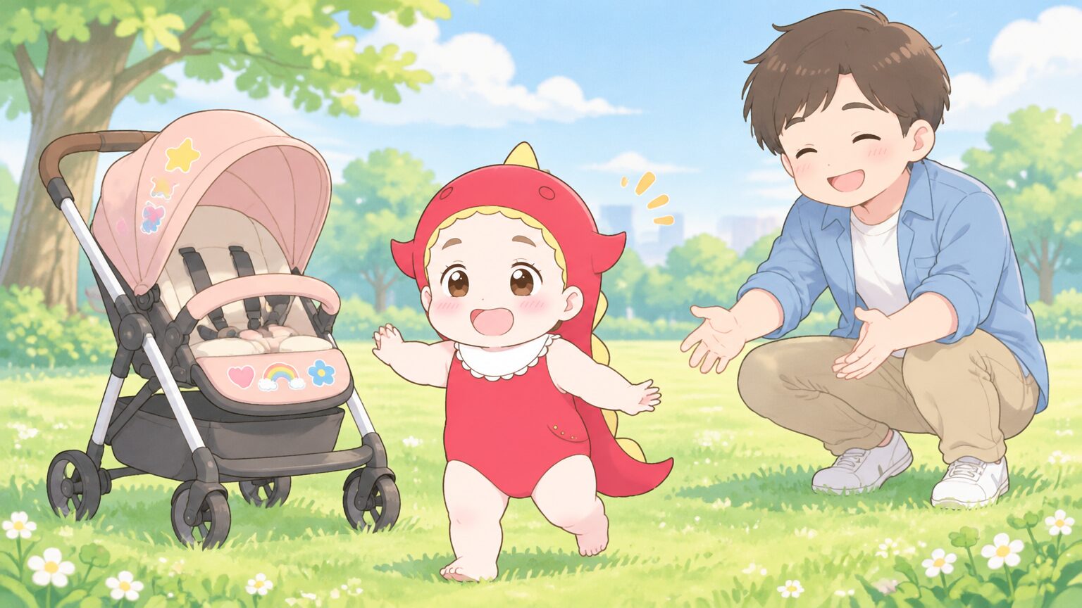 公園の芝生でお気に入りのシールを貼ったベビーカーの横を、よちよち歩く2歳の子どもと見守る父親