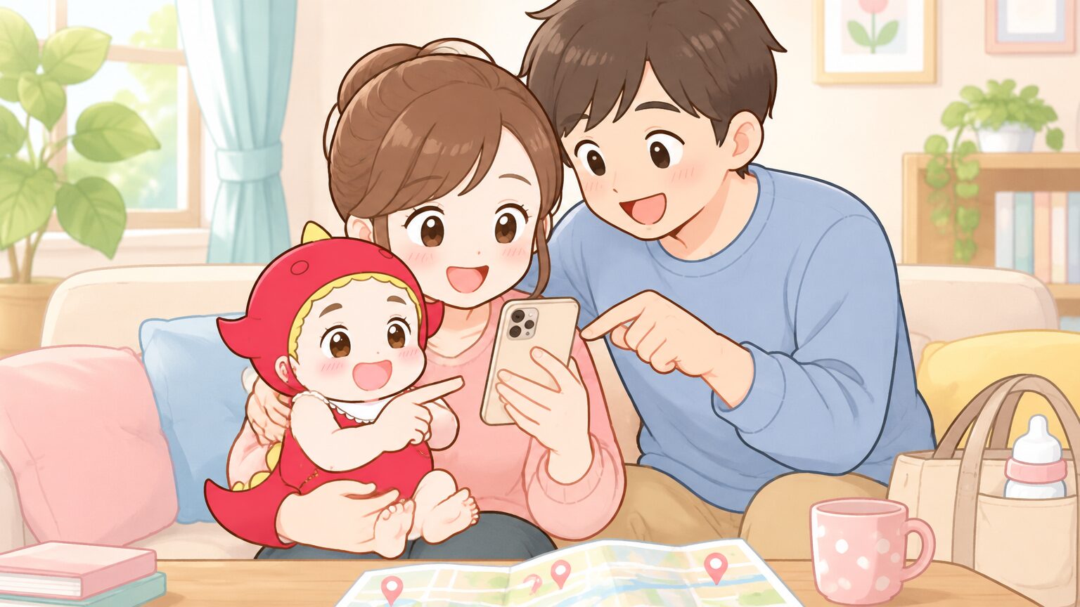自宅のリビングでスマートフォンの地図を見ながら、赤ちゃんを抱いて外出計画を立てる母親と隣で覗き込む父親