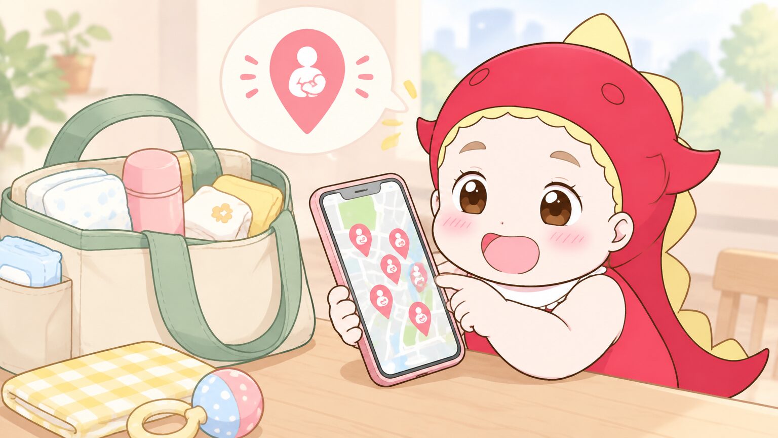 スマートフォンのGoogleマップ画面で保存したピンが並んでいる様子と、手元に置かれたベビー用のおでかけバッグ
