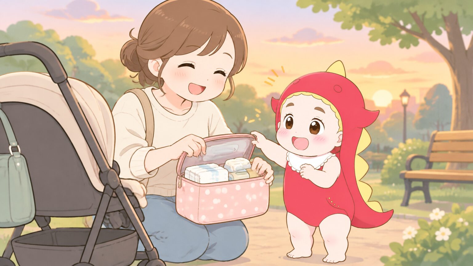 夕方の公園帰り、ベビーカーの横で幼児とお母さんが笑い合いながらおむつポーチを開けている穏やかな場面