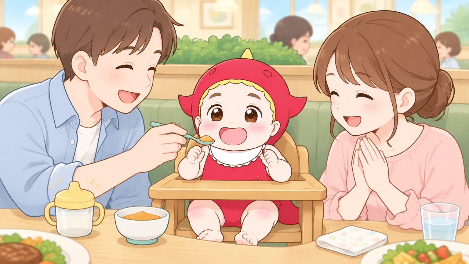 ベビーチェアに座った生後8か月ほどの赤ちゃんに、パパとママが笑顔でベビーフードを食べさせているファミリーレストランのテーブル席