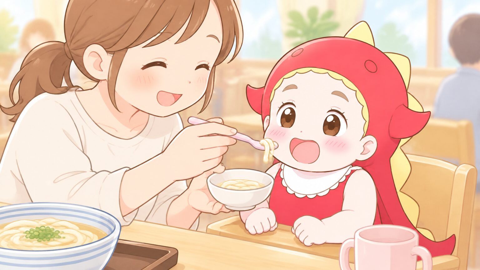 取り皿にやわらかく煮えたうどんを少量取り分けて、1歳くらいの子どもの口元へ運ぶ母親の手元