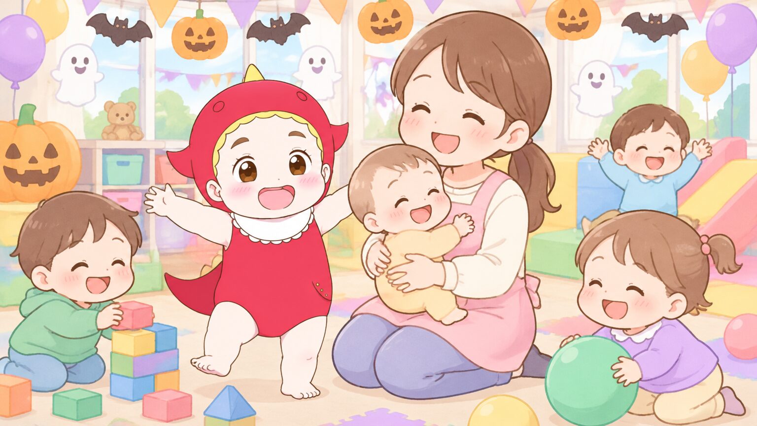 児童館の遊戯室でハロウィンの飾りに囲まれ、赤ちゃんを抱いて笑う母親と、周りで遊ぶ幼児たち