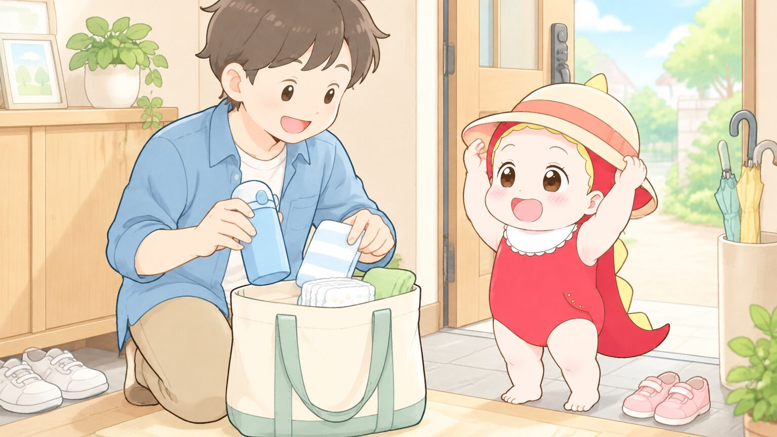 玄関でトートバッグに飲み物とタオルとおむつを詰める父親と、帽子をかぶって待つ2歳の子ども