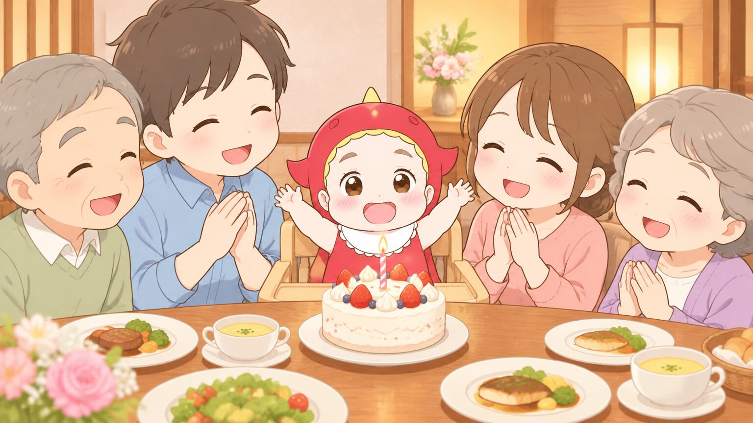 個室のテーブルで、1歳の赤ちゃんがハイチェアに座り、両親と祖父母が笑顔でバースデーケーキを囲んでいる温かい雰囲気のレストランの様子