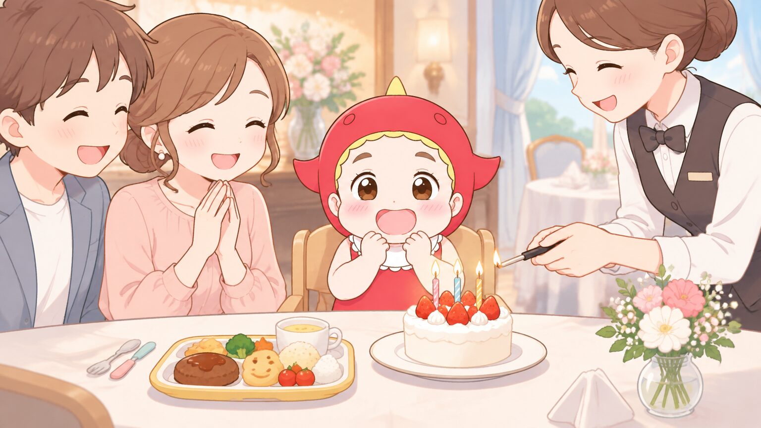 ホテルのレストラン個室で、1歳の男の子の前に小さなバースデーケーキとお子様膳が置かれ、スタッフがキャンドルに火を灯している場面