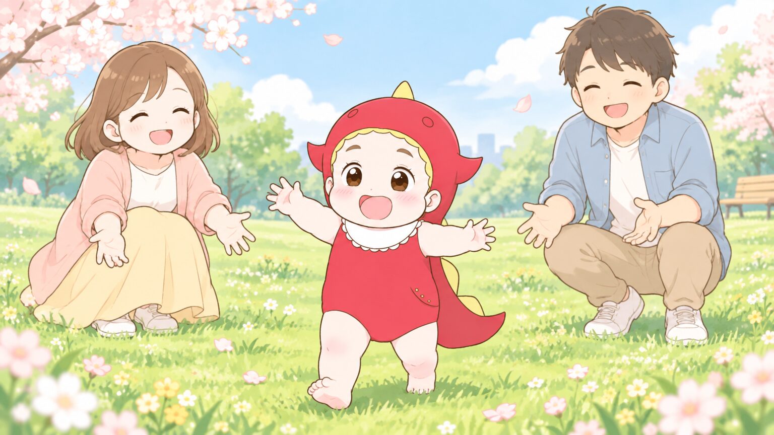 芝生の公園で1歳くらいの子どもがよちよち歩きをして、後ろで両親が笑顔で見守っている春の昼下がり
