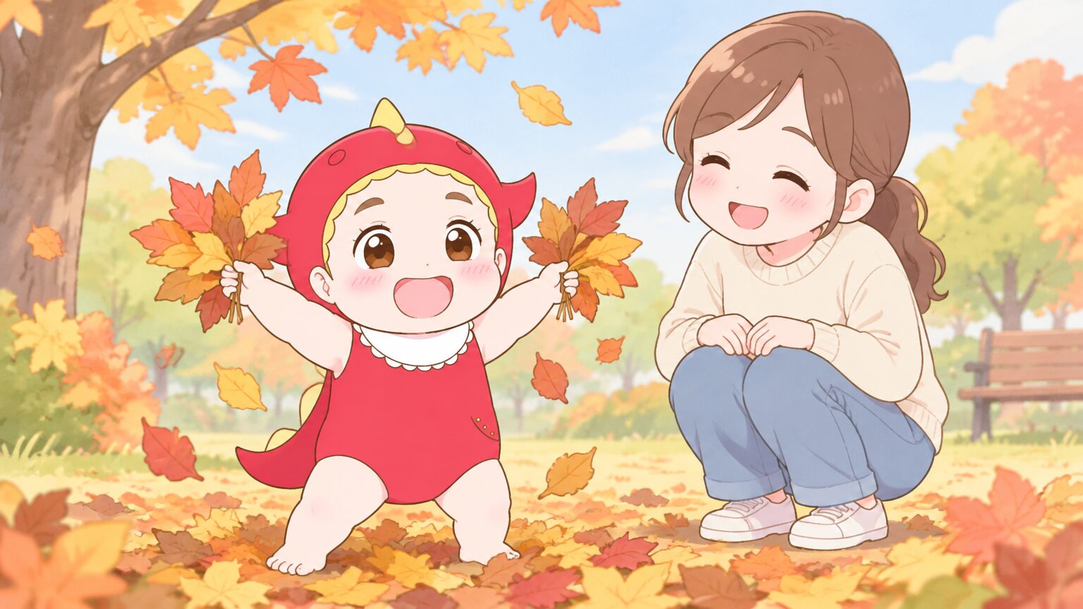 秋の公園で落ち葉を両手いっぱいに集めて笑う2歳くらいの子どもと、しゃがんで見守る母親