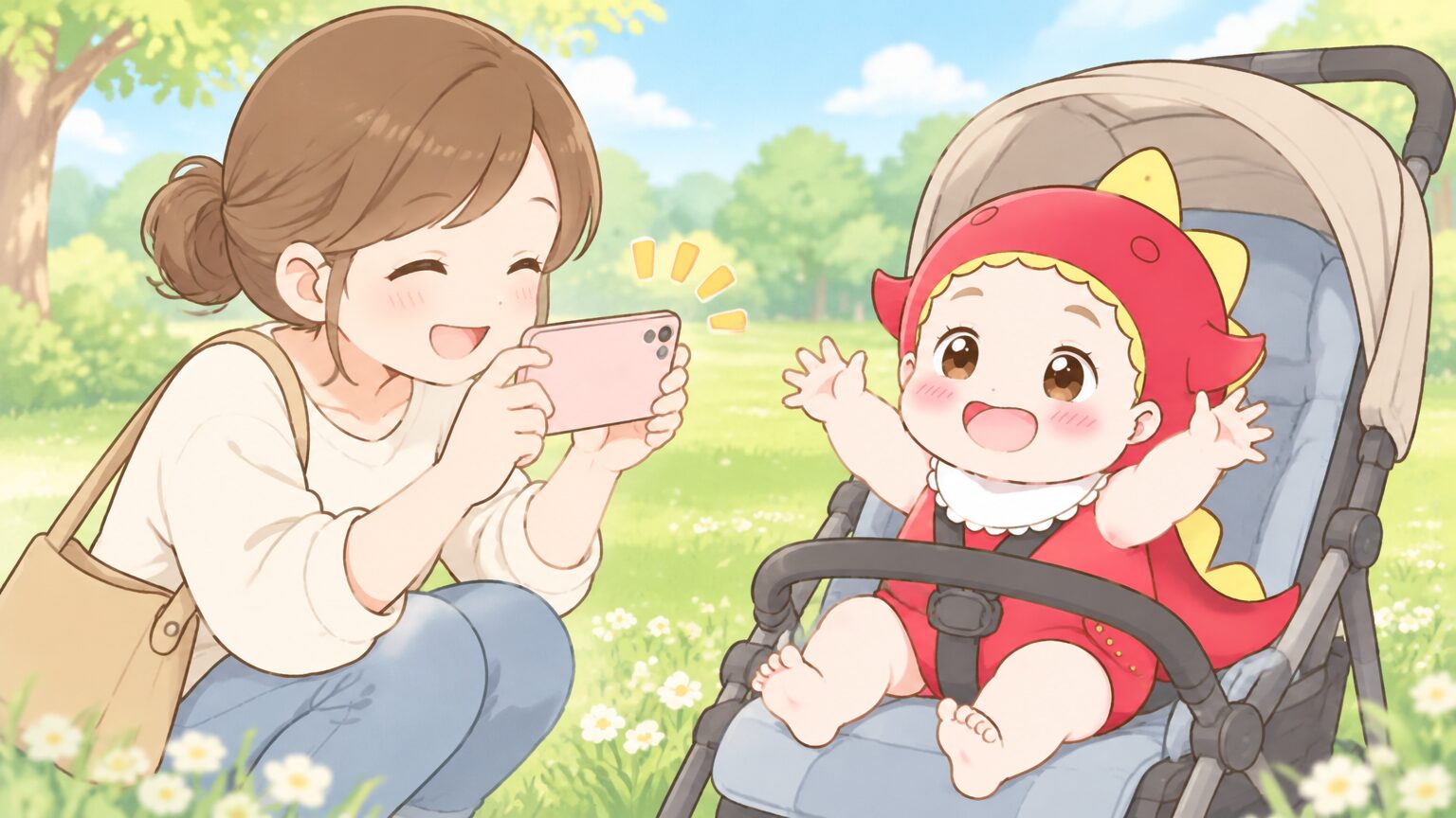 芝生の公園でベビーカーの横にしゃがみ、1歳くらいの子どもにスマートフォンを向けて笑顔で撮影する母親