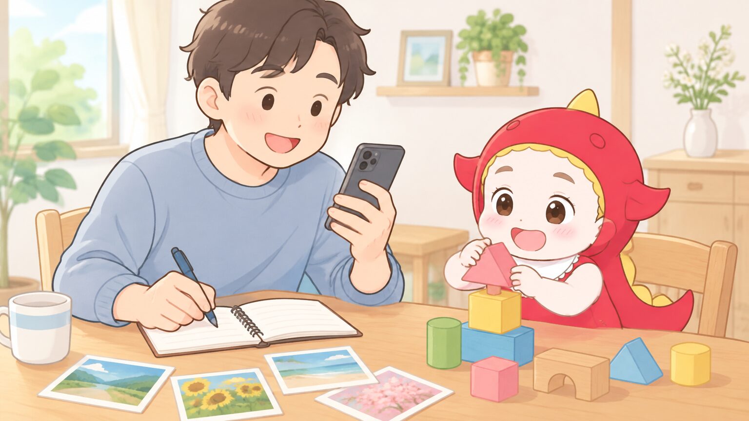 自宅のダイニングテーブルで、スマートフォンの写真を見ながら小さなノートにおでかけの出来事を書き込む父親と、隣で積み木で遊ぶ2歳の子ども