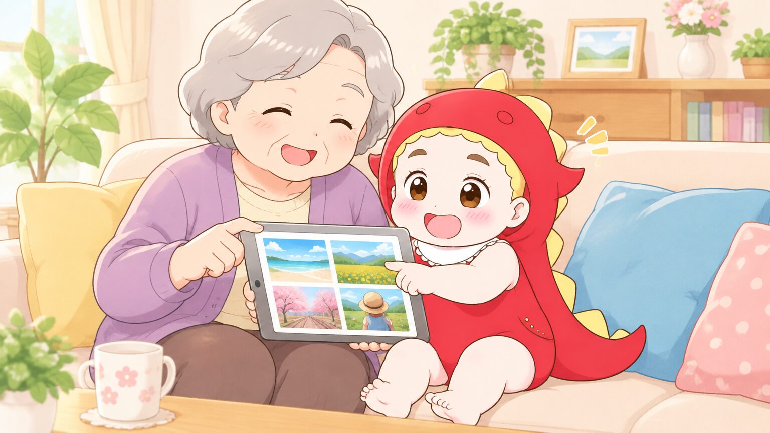 ソファに座る祖母と3歳の孫がタブレットで一緒におでかけの写真を指さしながら笑っている居間の様子