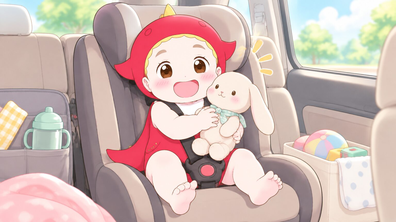 ミニバンの後部座席で、1歳の女の子が布のおもちゃを握って笑っている明るい車内の様子