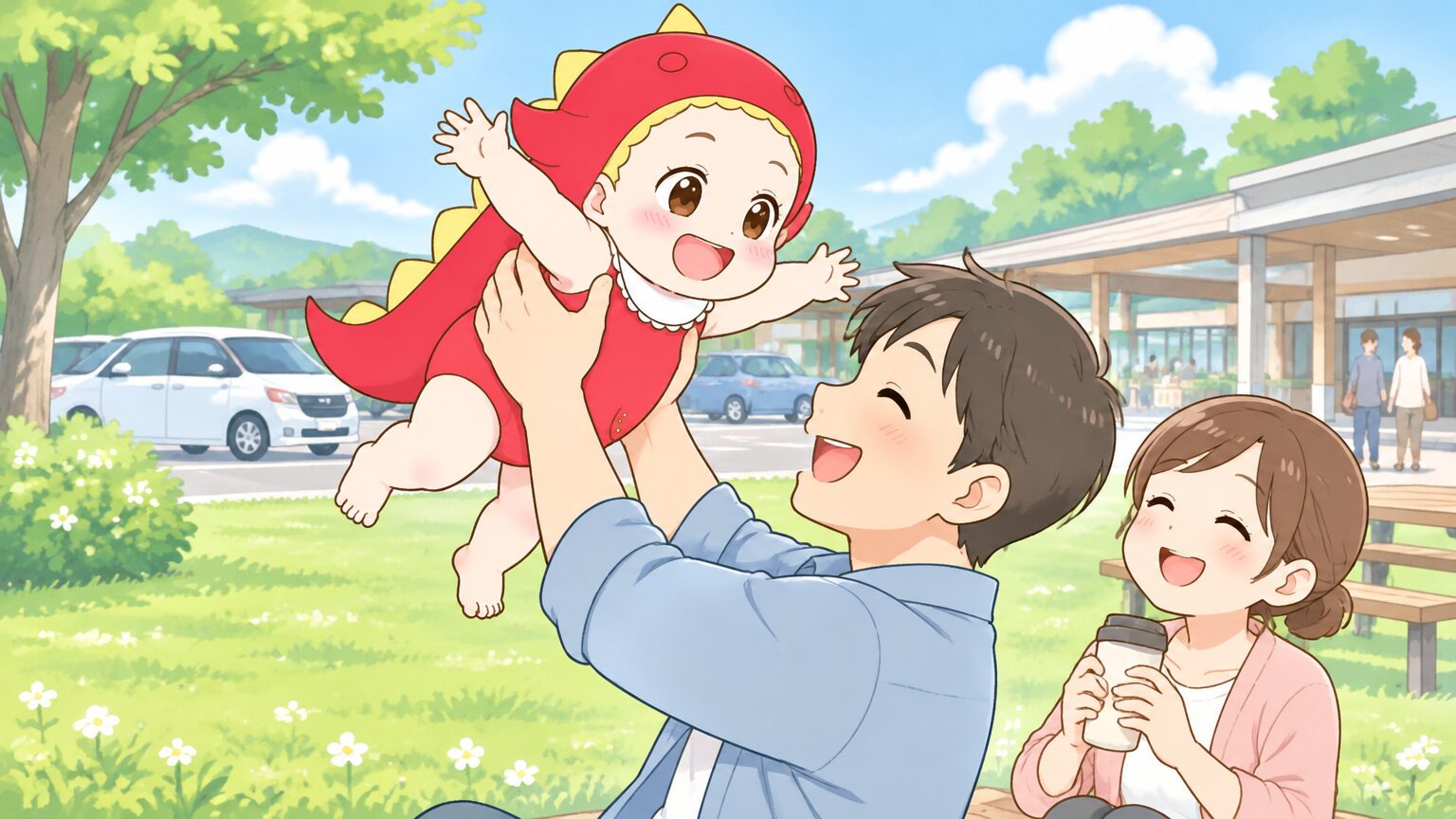 高速道路のサービスエリアの芝生で、父親が2歳の子どもを抱き上げ、母親が飲み物を持って笑っている休憩シーン